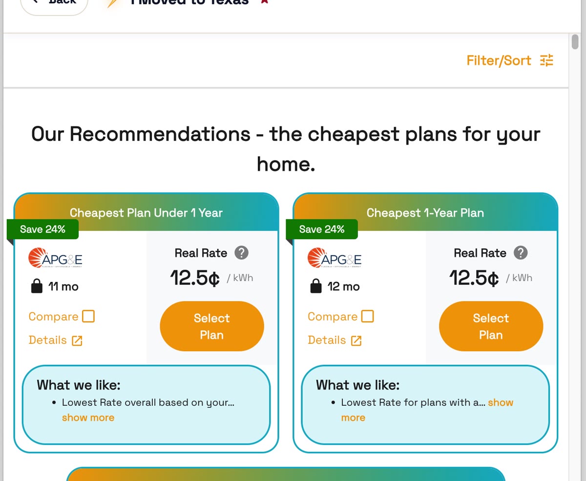 Marketplace screen showing a plan with its Real Rate and plan details