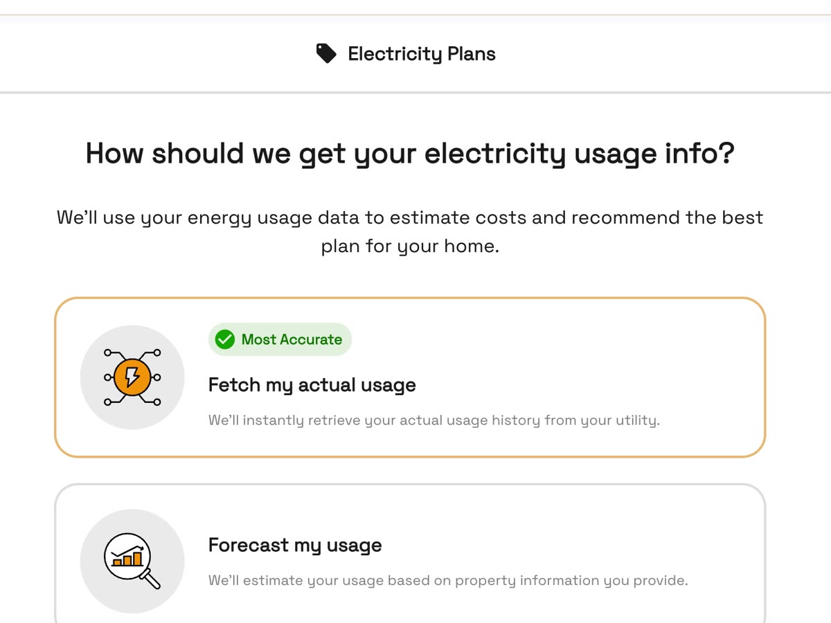 Marketplace options for historical electricity usage and a property-based usage forecast