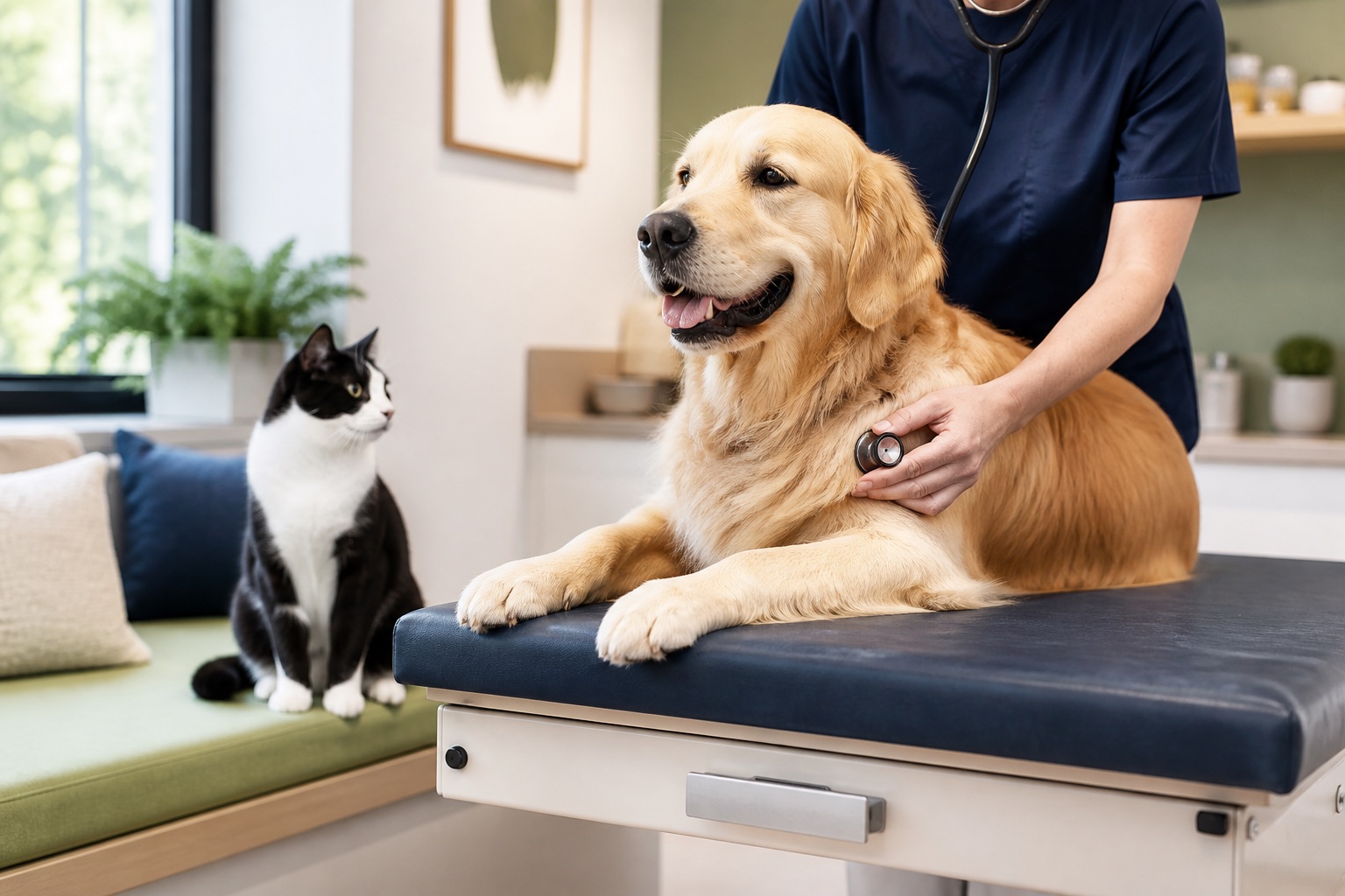 A calm golden retriever and cat during a gentle veterinary checkup