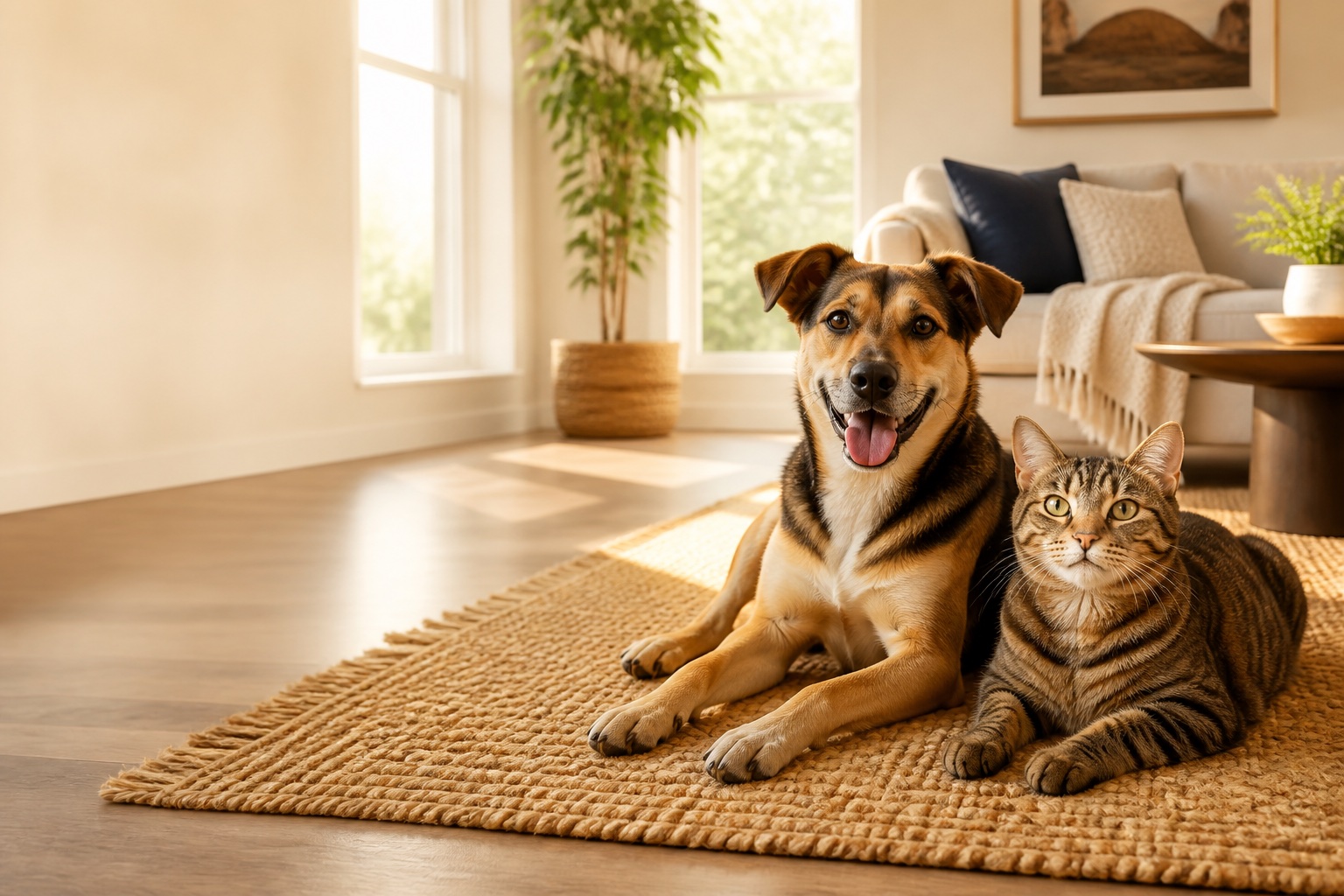 A happy dog and tabby cat relaxing together in a sunlit Texas home